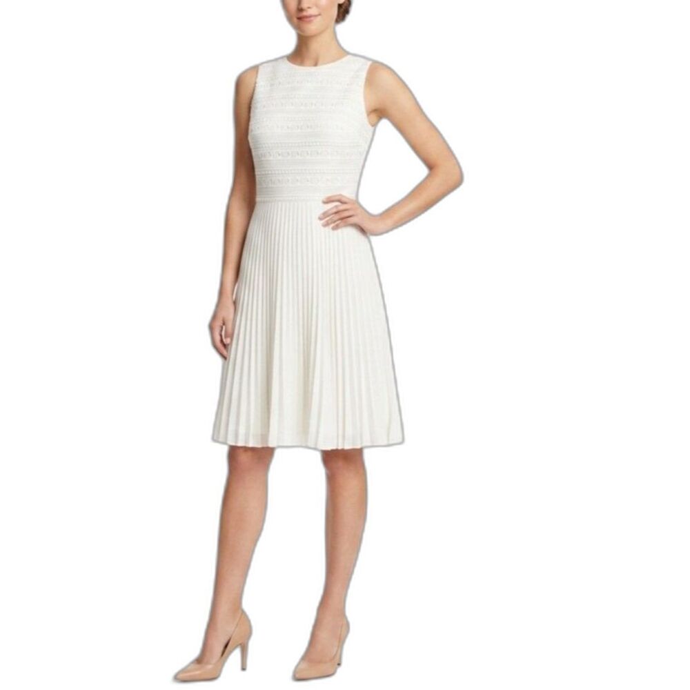 Katherine Kelly NWOT Sienna White Sleeveless Lace Accordion Pleat Dress Size 8